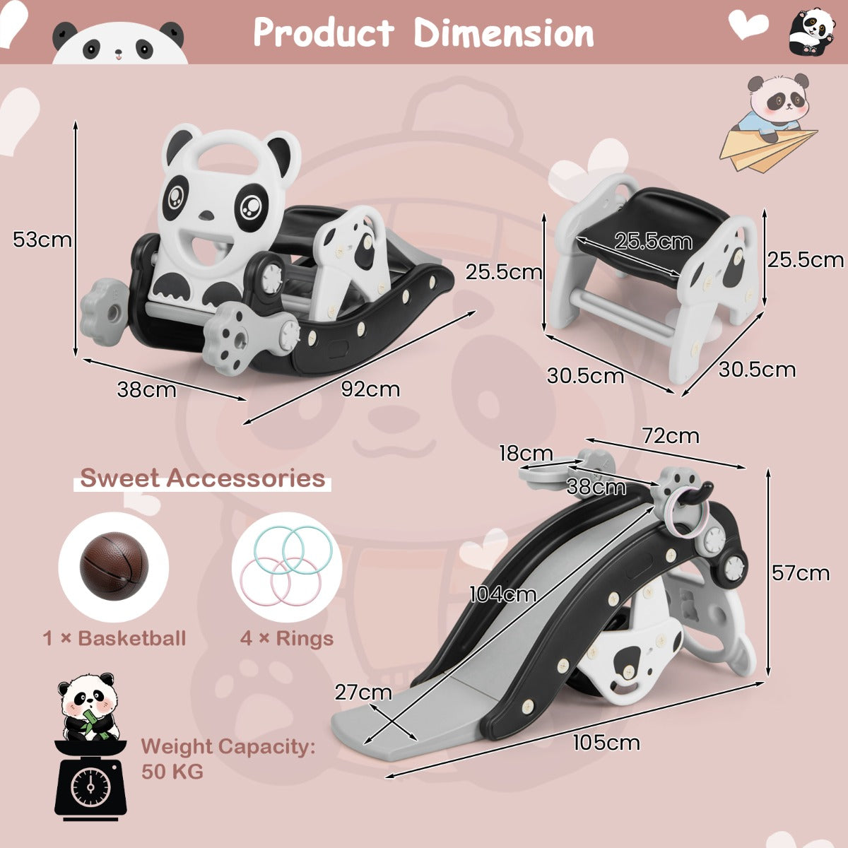 LIVSK 5-in-1 Schommelpaard en Glijderset - Veilig HDPE - Inclusief Basketbal en Ringspel - Voor Kinderen 1-5 jaar - Zwart