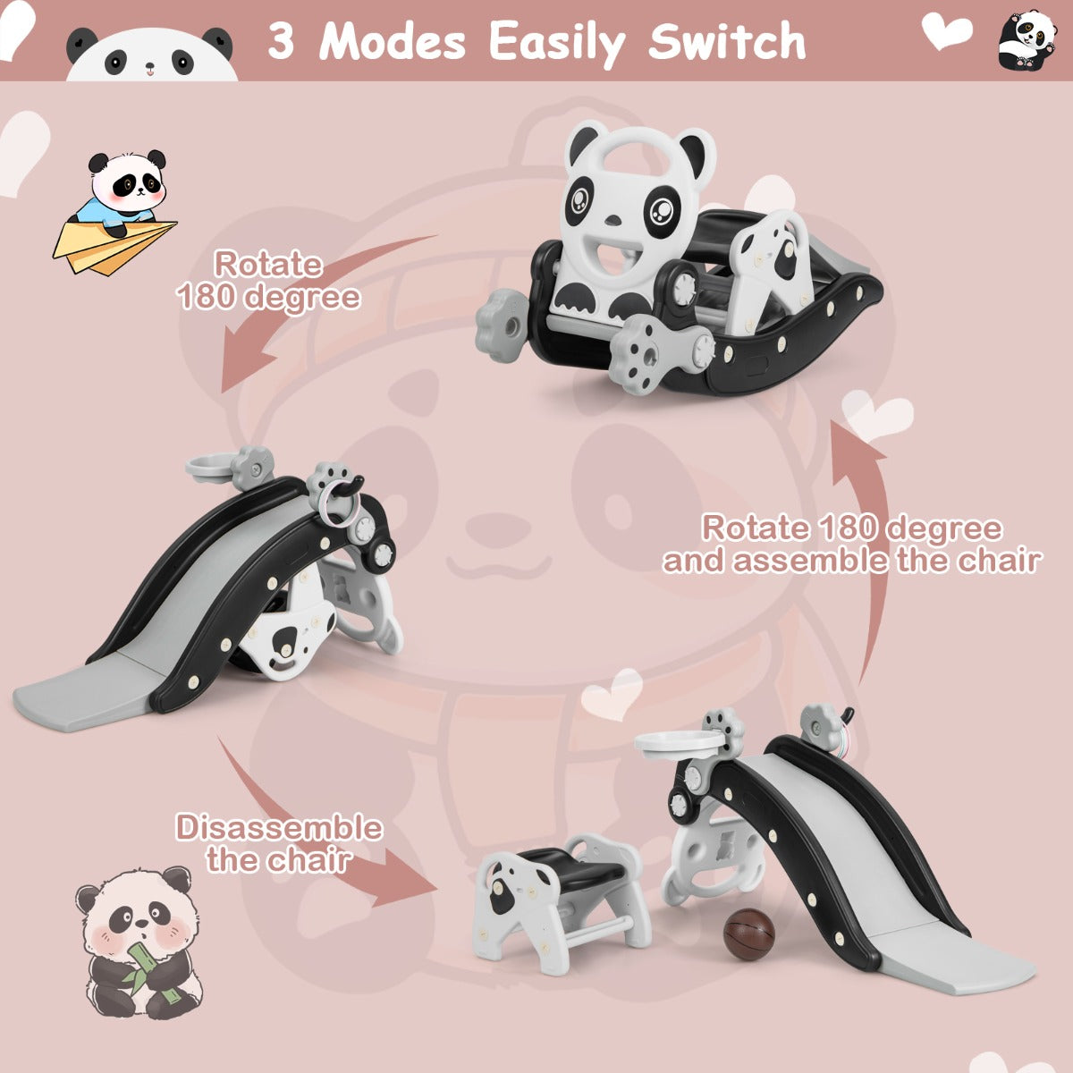 LIVSK 5-in-1 Schommelpaard en Glijderset - Veilig HDPE - Inclusief Basketbal en Ringspel - Voor Kinderen 1-5 jaar - Zwart