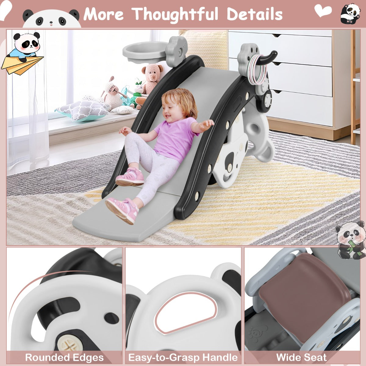 LIVSK 5-in-1 Schommelpaard en Glijderset - Veilig HDPE - Inclusief Basketbal en Ringspel - Voor Kinderen 1-5 jaar - Zwart