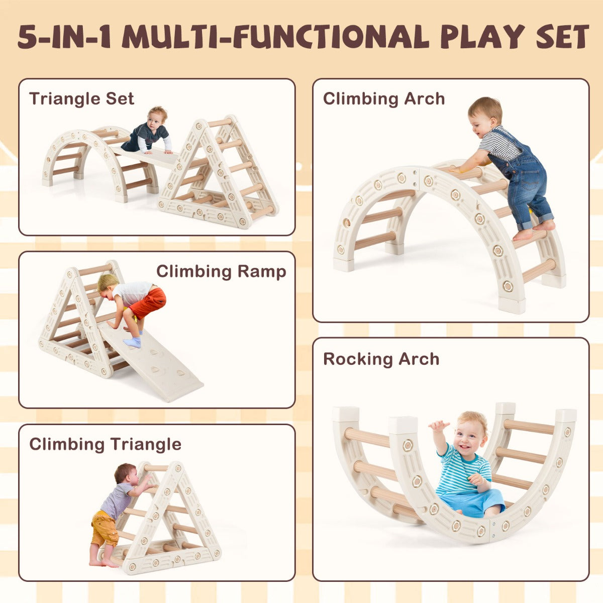 Livsk costway 5 in 1 montessori houten klimset klimspeelgoed met driehoekig klimframe 3