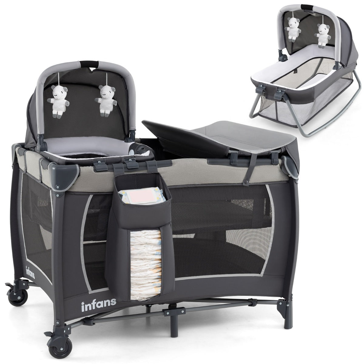 Livsk costway 5 in 1 reisbedje voor babys opvouwbaar babybedje met aankleedtafel babybox met opbergmand draagtas grijs 1 1