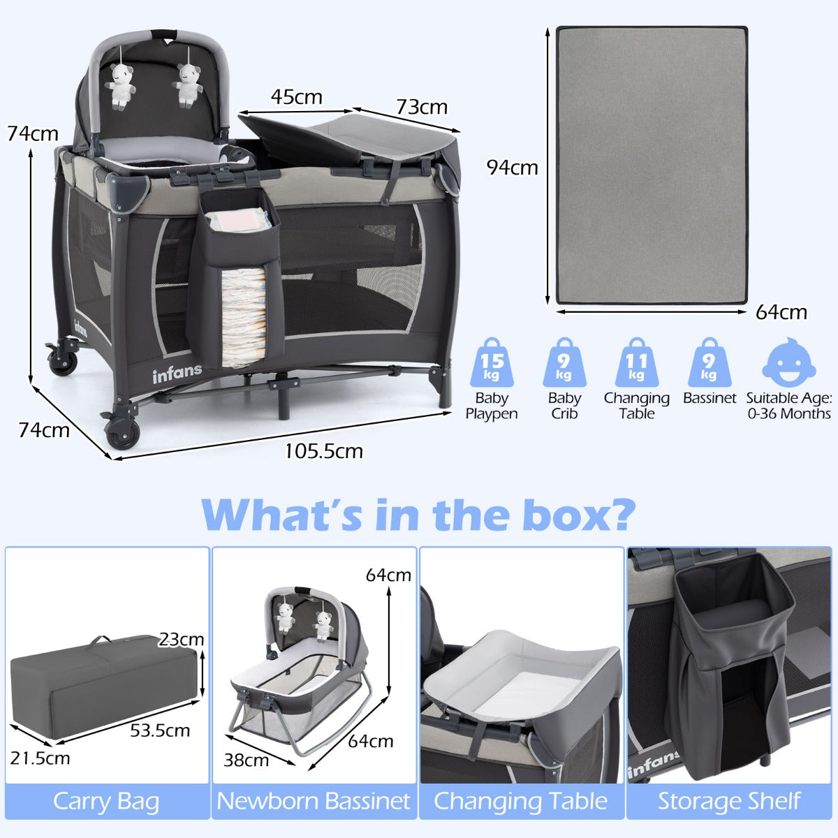 Livsk costway 5 in 1 reisbedje voor babys opvouwbaar babybedje met aankleedtafel babybox met opbergmand draagtas grijs 2
