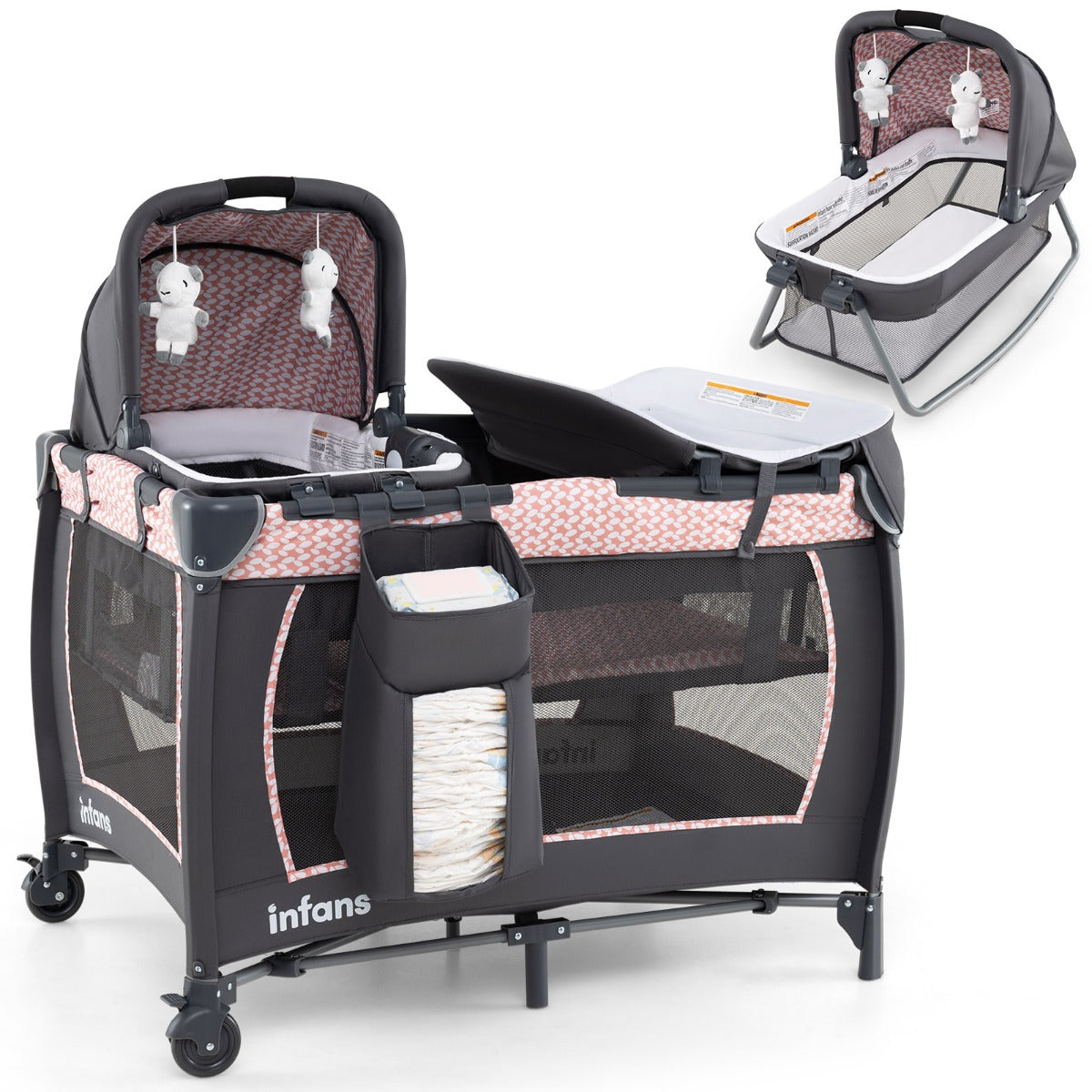 Livsk costway 5 in 1 reisbedje voor babys opvouwbaar babybedje met aankleedtafel babybox met opbergmand draagtas roze 1 1