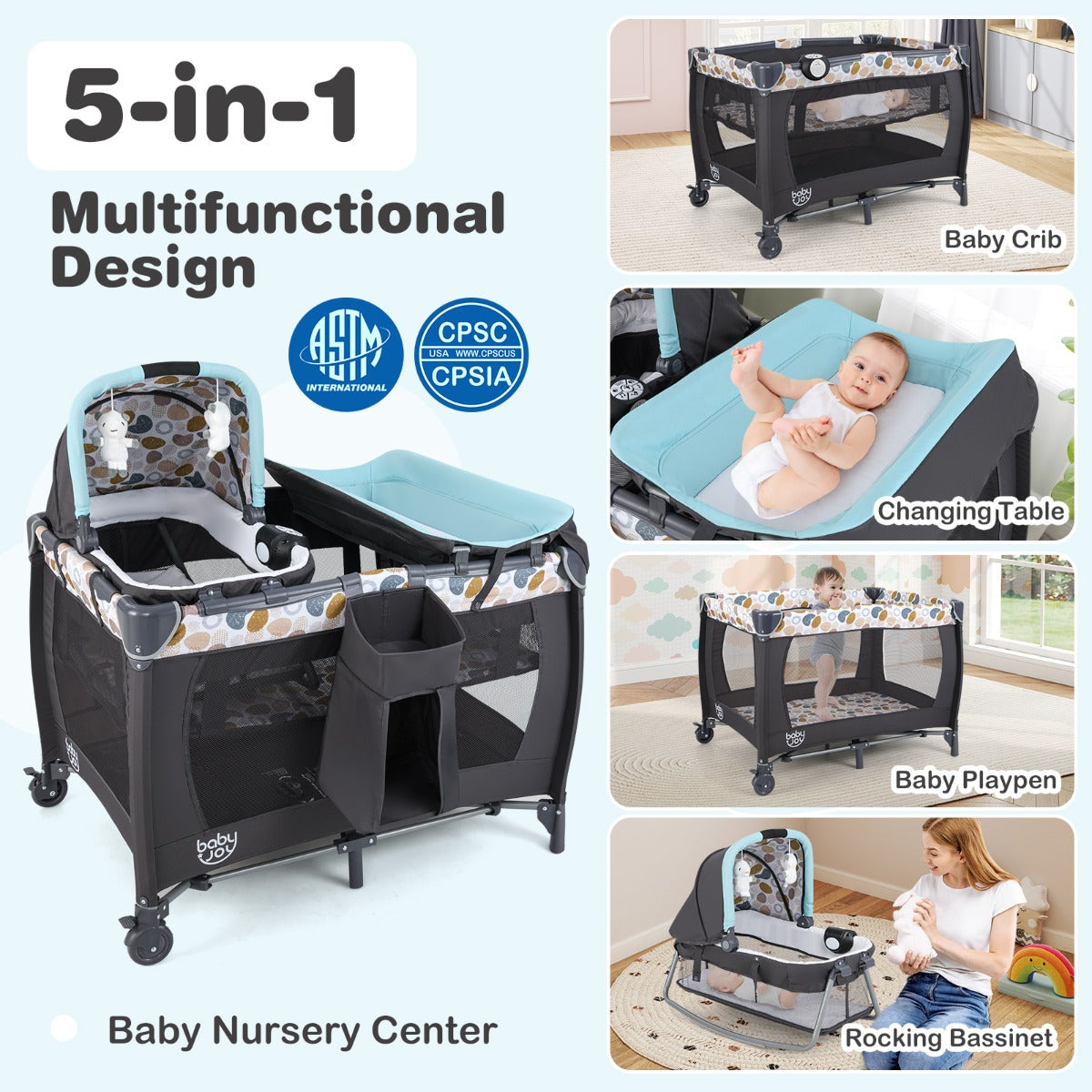 Livsk costway 5 in 1 travel crib for children with changing pad and bassinet blauw 5
