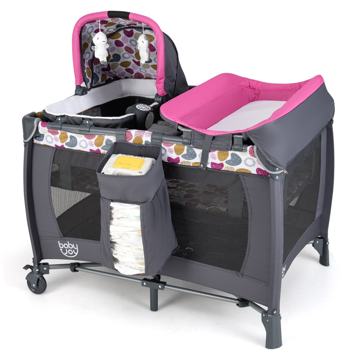 Livsk costway 5 in 1 travel crib for children with changing pad and bassinet donkerroze 1 1