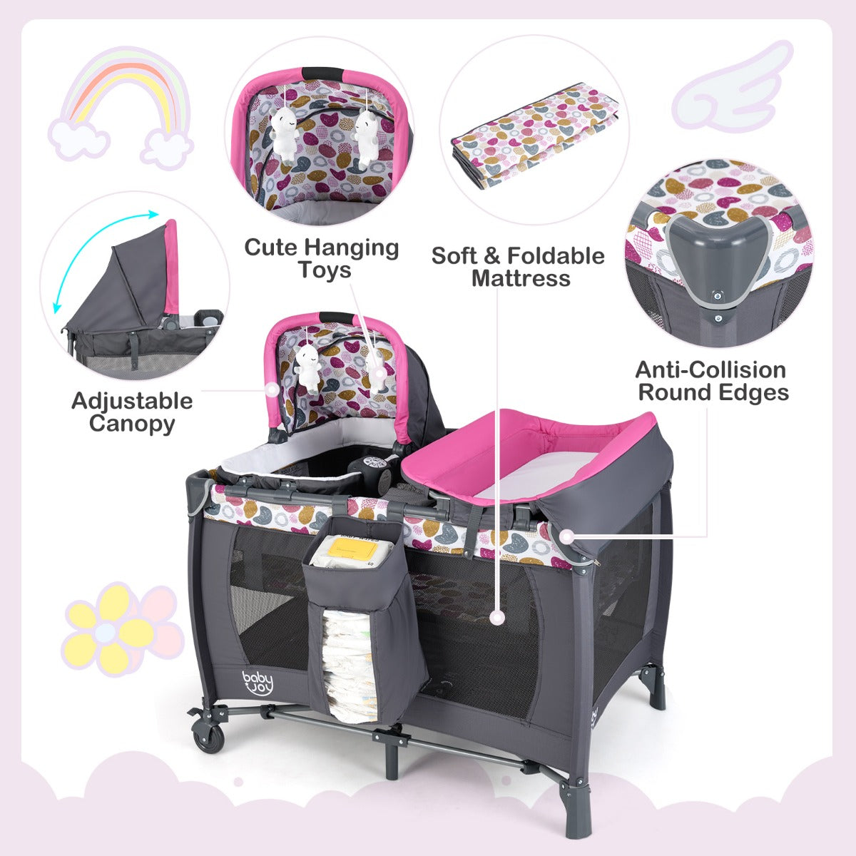 Livsk costway 5 in 1 travel crib for children with changing pad and bassinet donkerroze 3