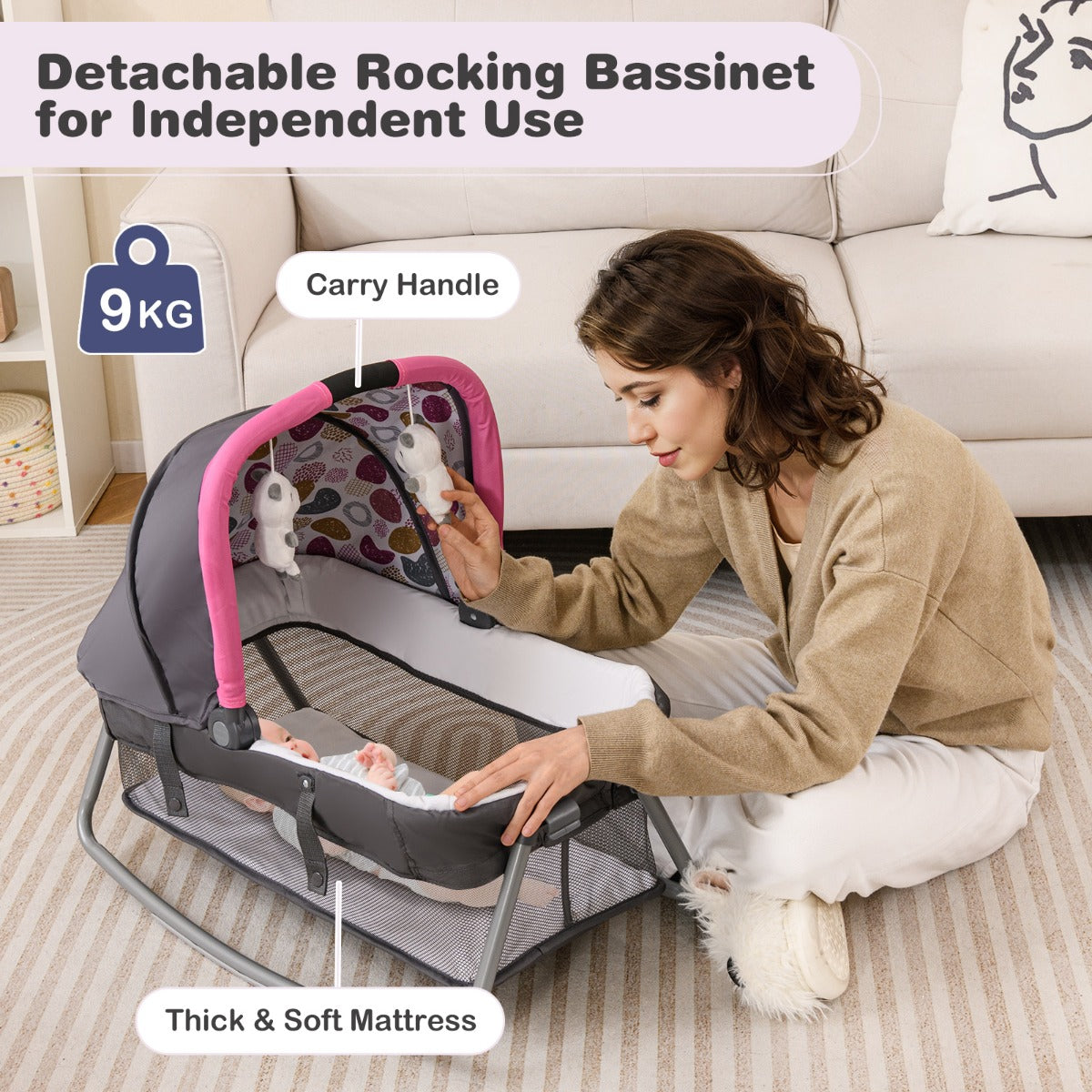 Livsk costway 5 in 1 travel crib for children with changing pad and bassinet donkerroze 6