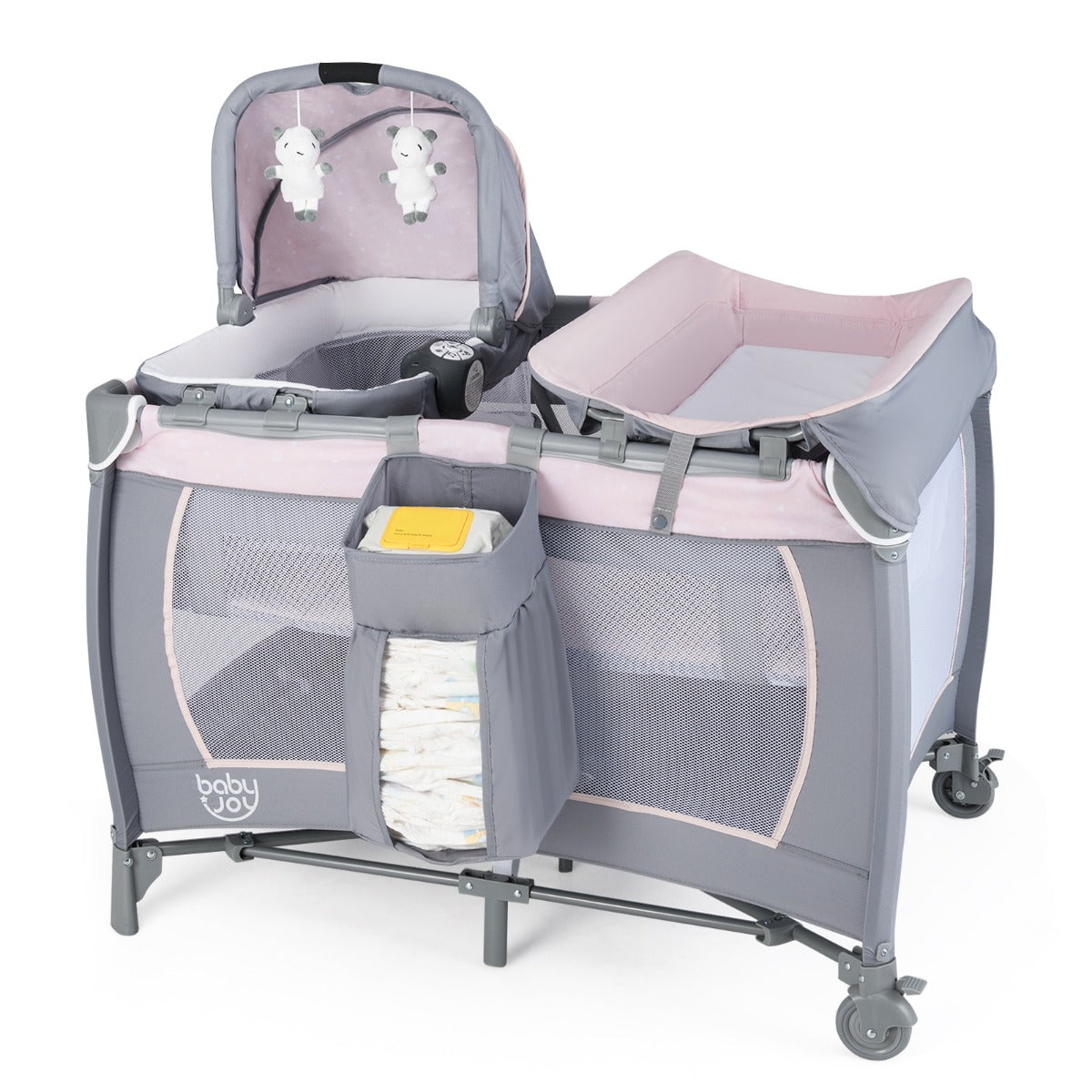 Livsk costway 5 in 1 travel crib for children with changing pad and bassinet roze 1 1