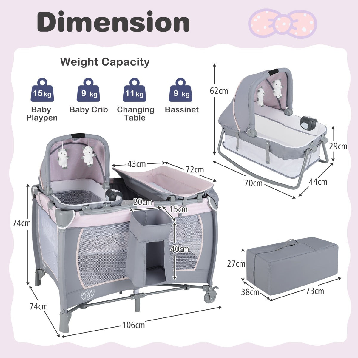 Livsk costway 5 in 1 travel crib for children with changing pad and bassinet roze 2