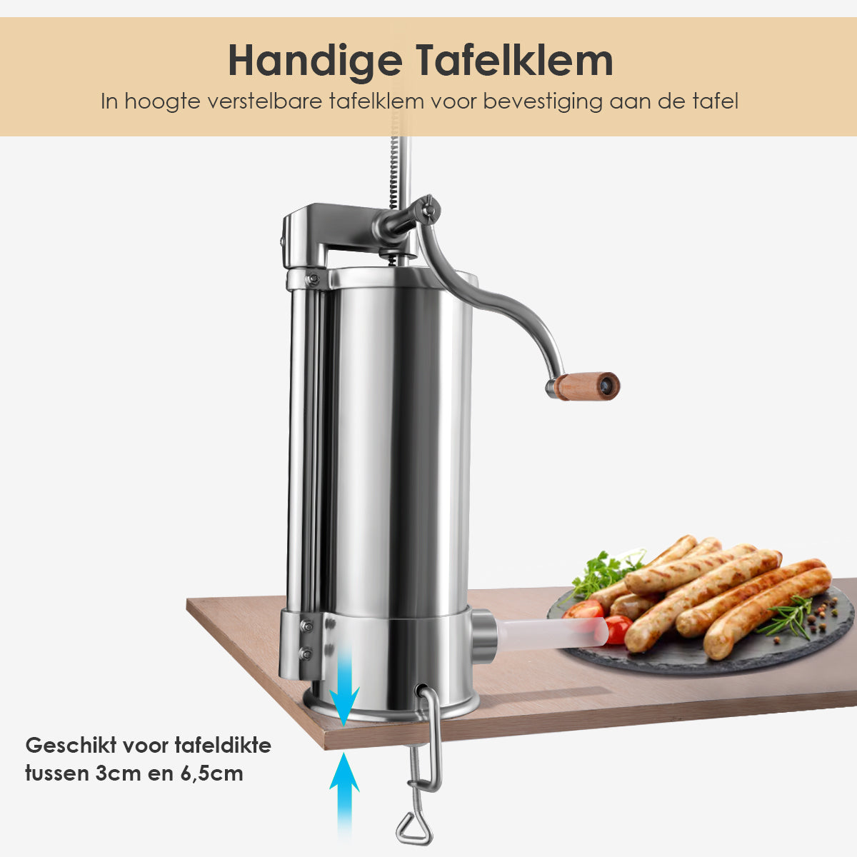 LIVSK Roestvrijstalen Worstenvuller - Tafelklem - 6 Vullingen - 5 kg Capaciteit - Ergonomisch Handvat - Zilver
