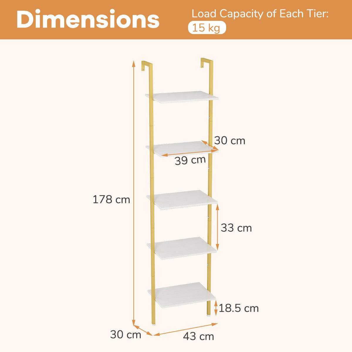 LIVSK Wandmontage Ladderplank - 5 Open Planken - Metalen Frame met Kantelbeveiliging - Ruimtebesparend - 43 x 30 x 178 cm - Wit