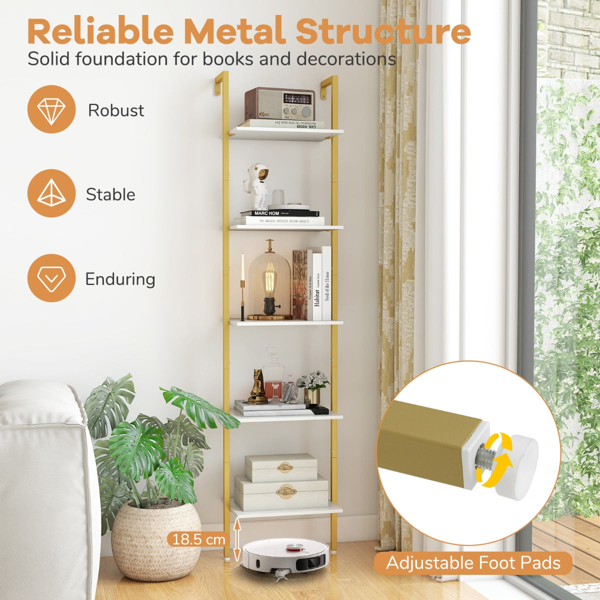 LIVSK Wandmontage Ladderplank - 5 Open Planken - Metalen Frame met Kantelbeveiliging - Ruimtebesparend - 43 x 30 x 178 cm - Wit