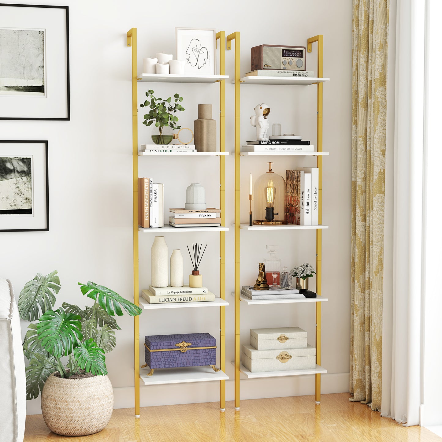 LIVSK Wandmontage Ladderplank - 5 Open Planken - Metalen Frame met Kantelbeveiliging - Ruimtebesparend - 43 x 30 x 178 cm - Wit