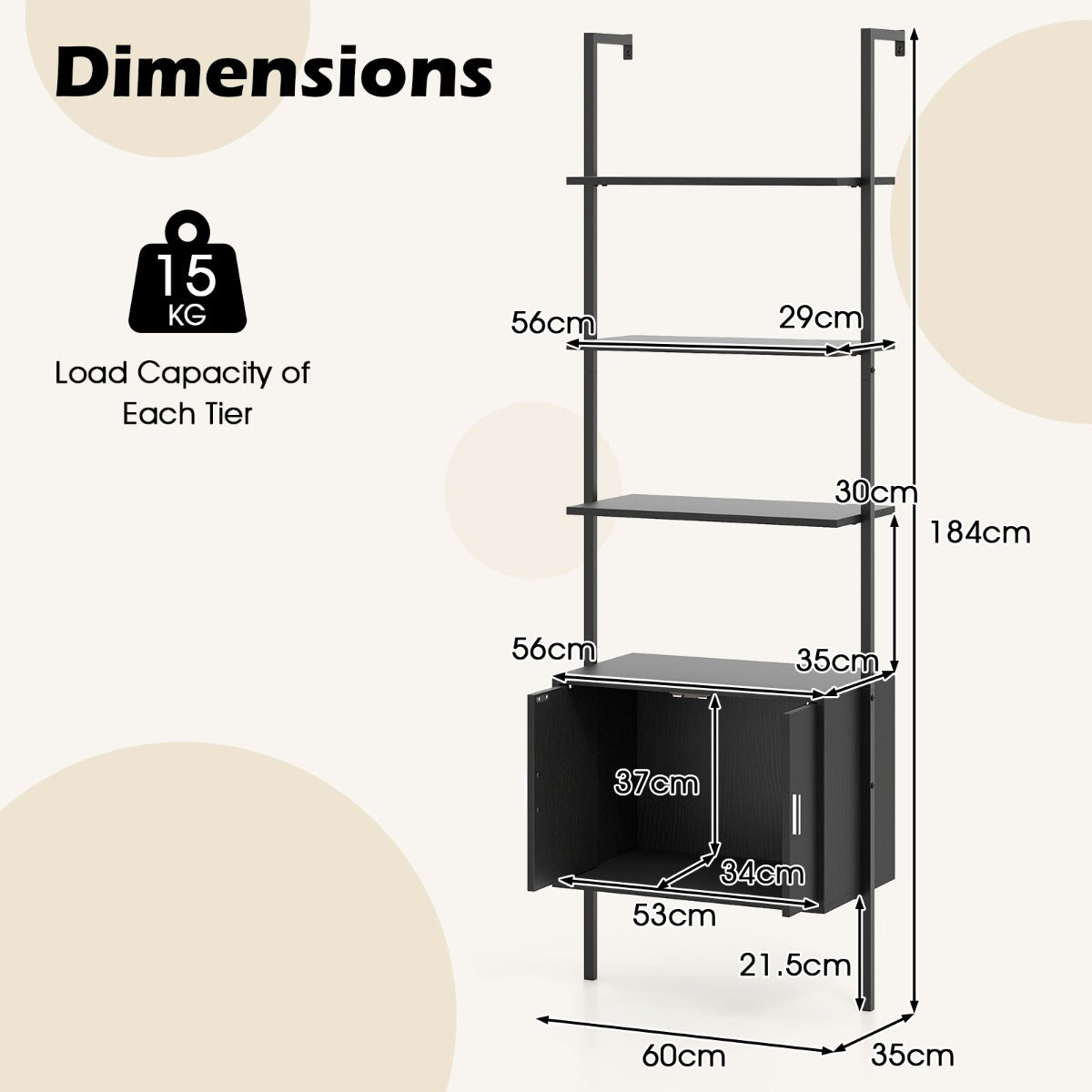 LIVSK Ladderplank - 3 Open Planken en Gesloten Kast - Stabiele Metalen Constructie - Ondersteunt tot 75 kg - 60 x 35 x 184 cm -
