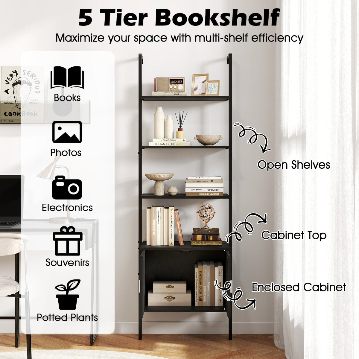 LIVSK Ladderplank - 3 Open Planken en Gesloten Kast - Stabiele Metalen Constructie - Ondersteunt tot 75 kg - 60 x 35 x 184 cm -