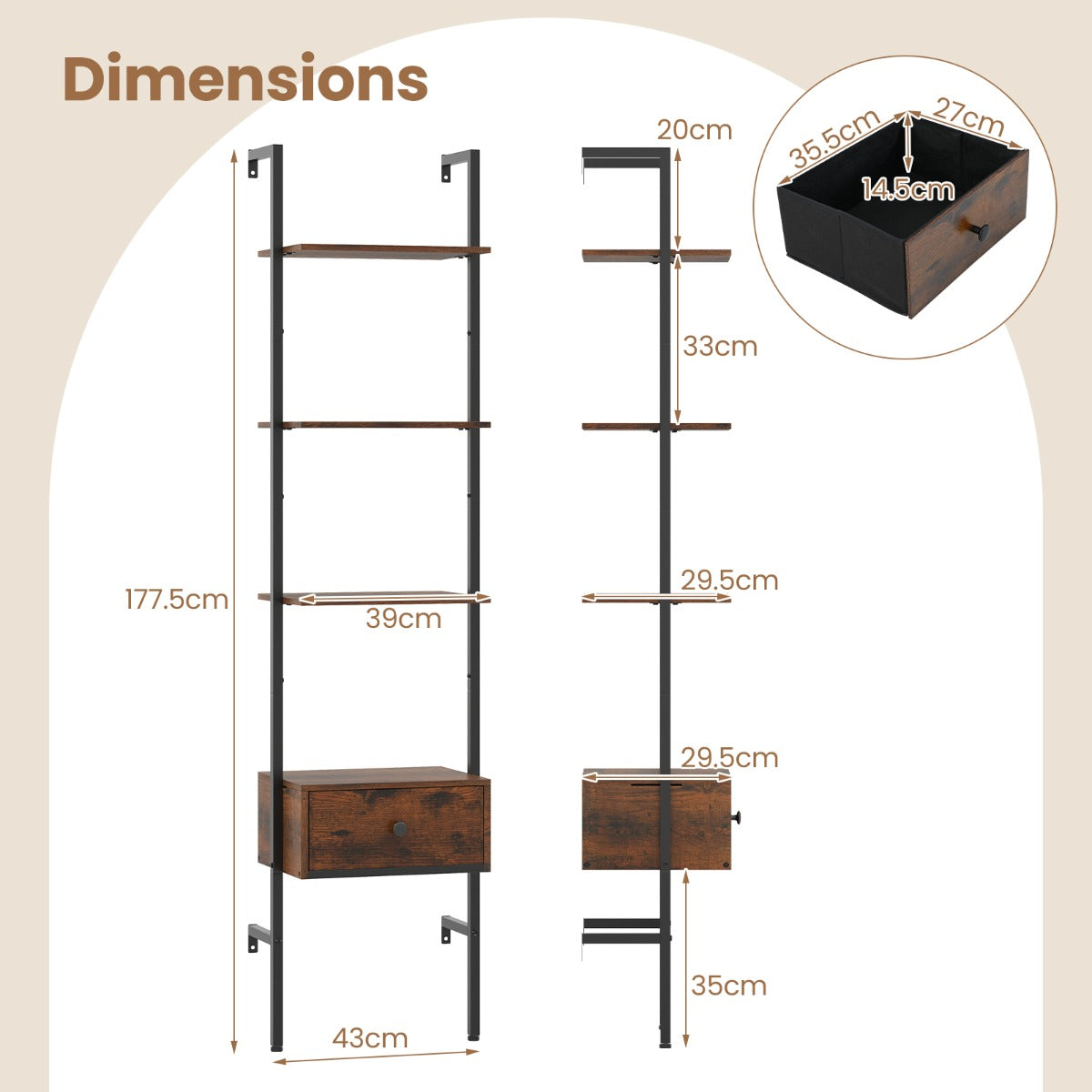 LIVSK Ladderboekenplank met Lade - 4 Open Planken - Veilige Wandmontage - Duurzaam Gepoedercoat Metaal - Rustiek Bruin & Zwart