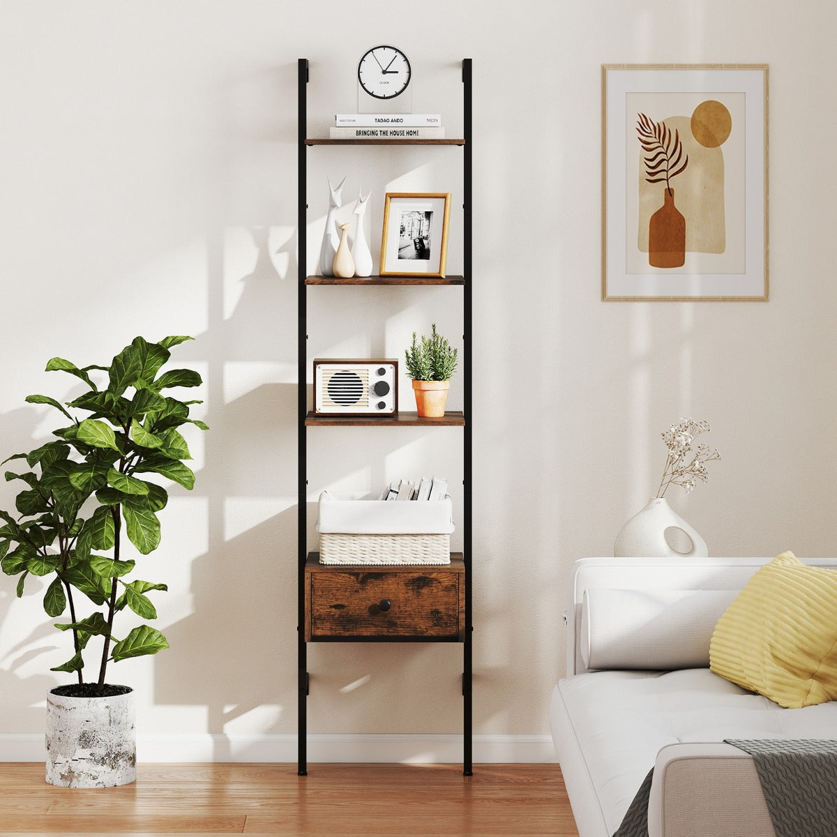 LIVSK Ladderboekenplank met Lade - 4 Open Planken - Veilige Wandmontage - Duurzaam Gepoedercoat Metaal - Rustiek Bruin & Zwart