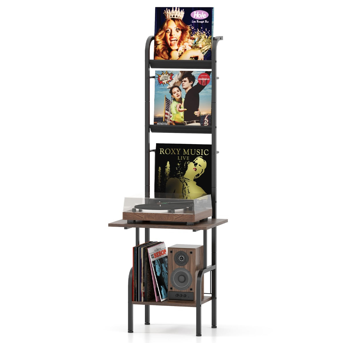 LIVSK Platenspelerstandaard - 5-laags Vinyldisplay - Ruim Werkblad - Robuust Metaal - Tot 60 kg - 50 x 51 x 145 cm - Rustiek Bruin