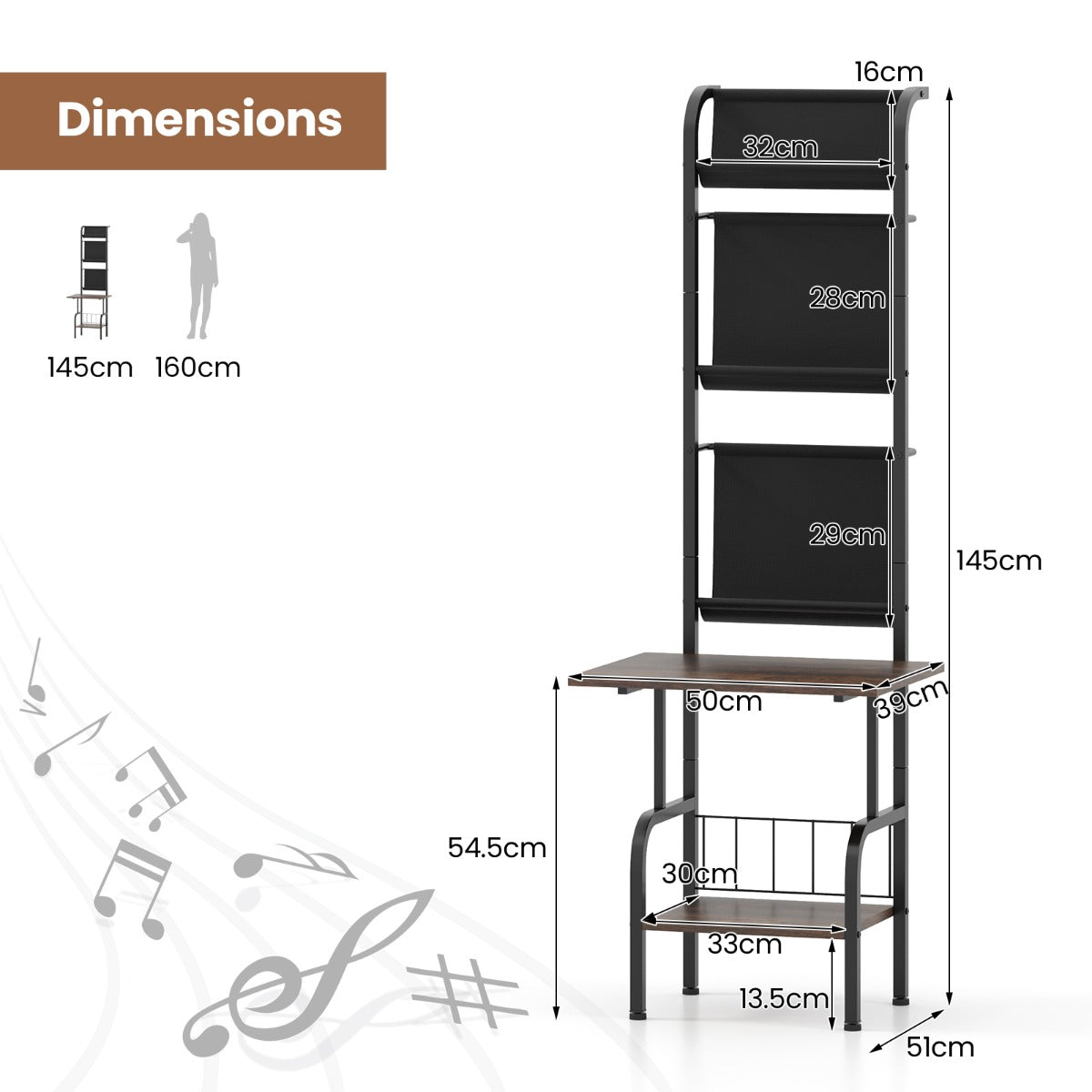 LIVSK Platenspelerstandaard - 5-laags Vinyldisplay - Ruim Werkblad - Robuust Metaal - Tot 60 kg - 50 x 51 x 145 cm - Rustiek Bruin
