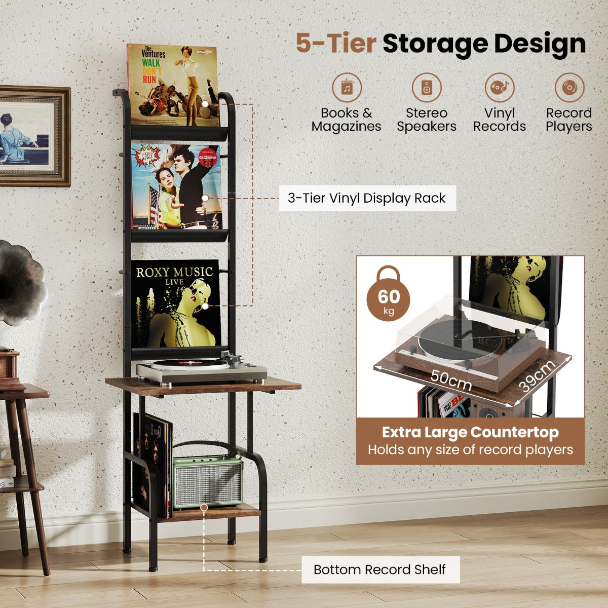 LIVSK Platenspelerstandaard - 5-laags Vinyldisplay - Ruim Werkblad - Robuust Metaal - Tot 60 kg - 50 x 51 x 145 cm - Rustiek Bruin