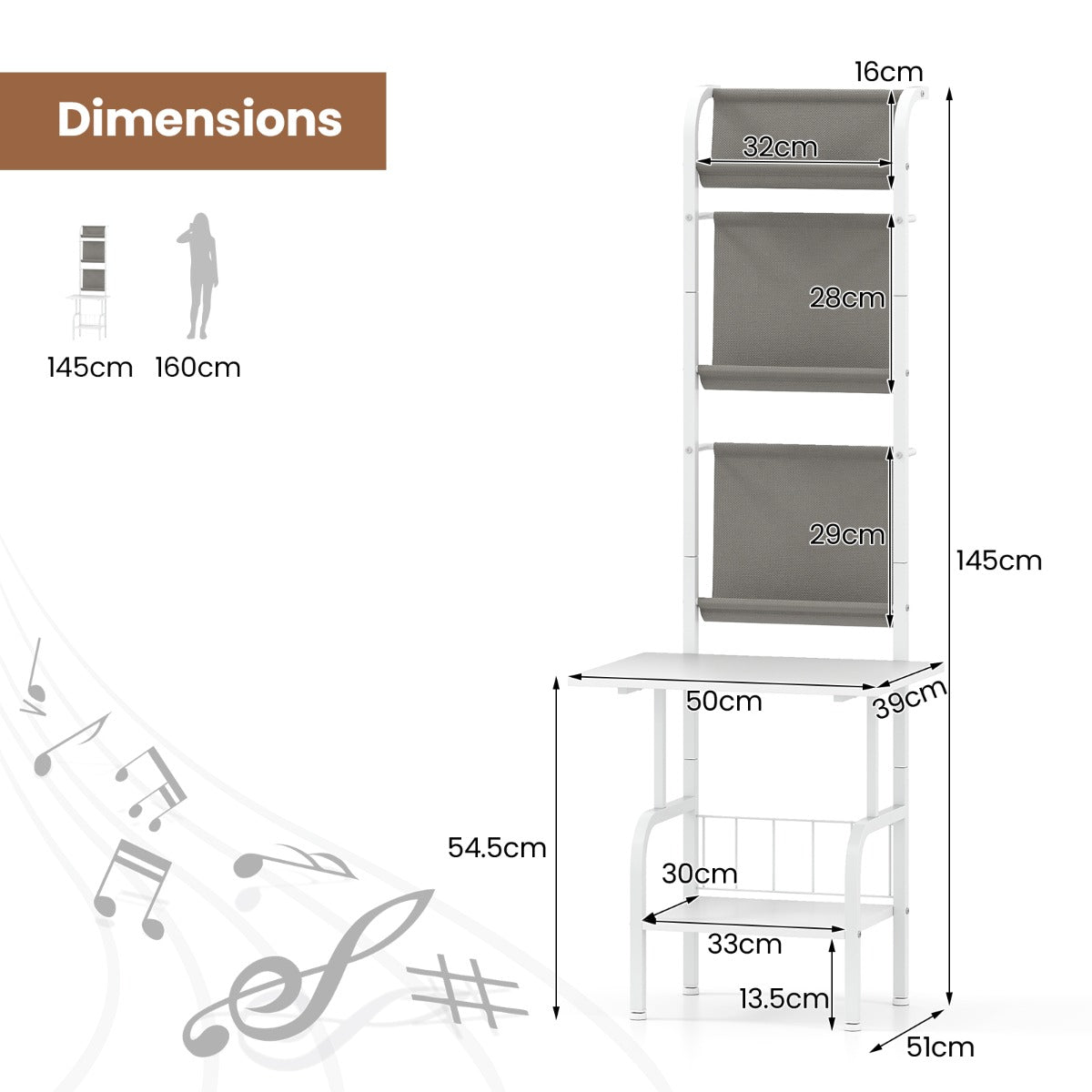 LIVSK Platenspelerstandaard - 5-laags met Oxford-stofplanken - Ruim werkblad - Hoogte 145 cm - Wit