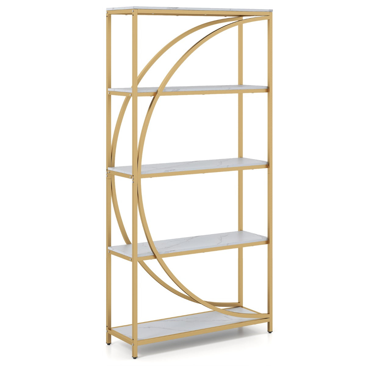 LIVSK Etagère-boekenkast - Halvemaanvormig Ontwerp - 5 Open Planken - Metalen Frame - Tot 120 kg - Rustiek bruin & zwart