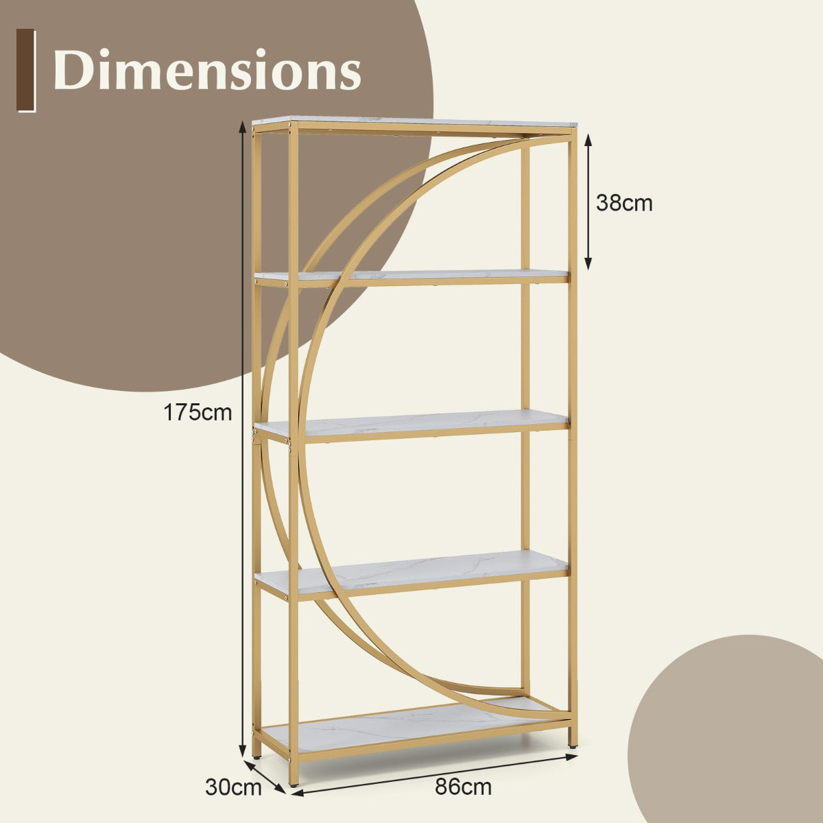 LIVSK Etagère-boekenkast - Halvemaanvormig Ontwerp - 5 Open Planken - Metalen Frame - Tot 120 kg - Rustiek bruin & zwart