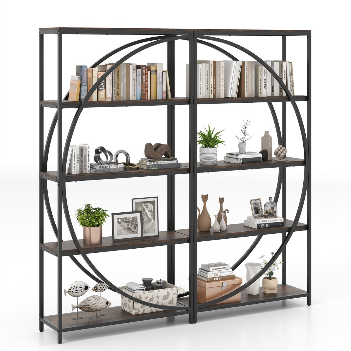 LIVSK Etagère-boekenkast - Halvemaanvormig Design - 5 Open Planken - Stevig Metalen Frame - Veiligheidssets - 86 x 30 x 175 cm -