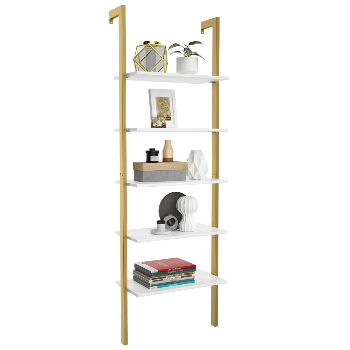 LIVSK Ladder Boekenkast - 5-laagse Planken - Stabiel en Duurzaam - Rustieke Notenhout - 61 x 30 x 183 cm - Bruin