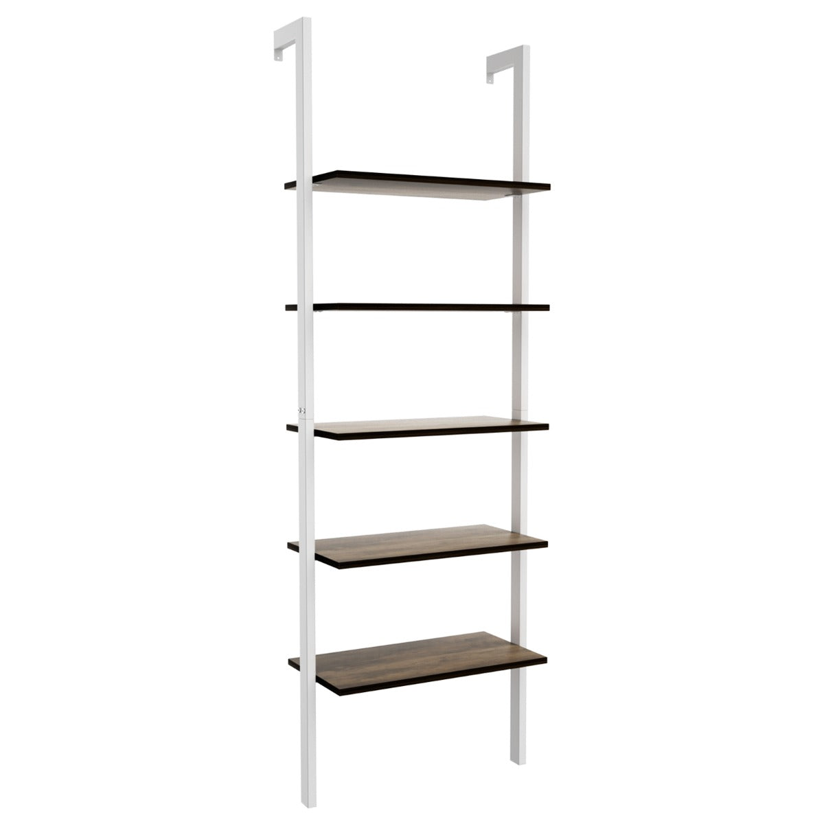 LIVSK Ladder Boekenkast - 5 Open Planken - Stabiel Metaal en Spaanplaat - Rustieke Notenhout - 23 kg per plank - 61 x 30 x 183 cm