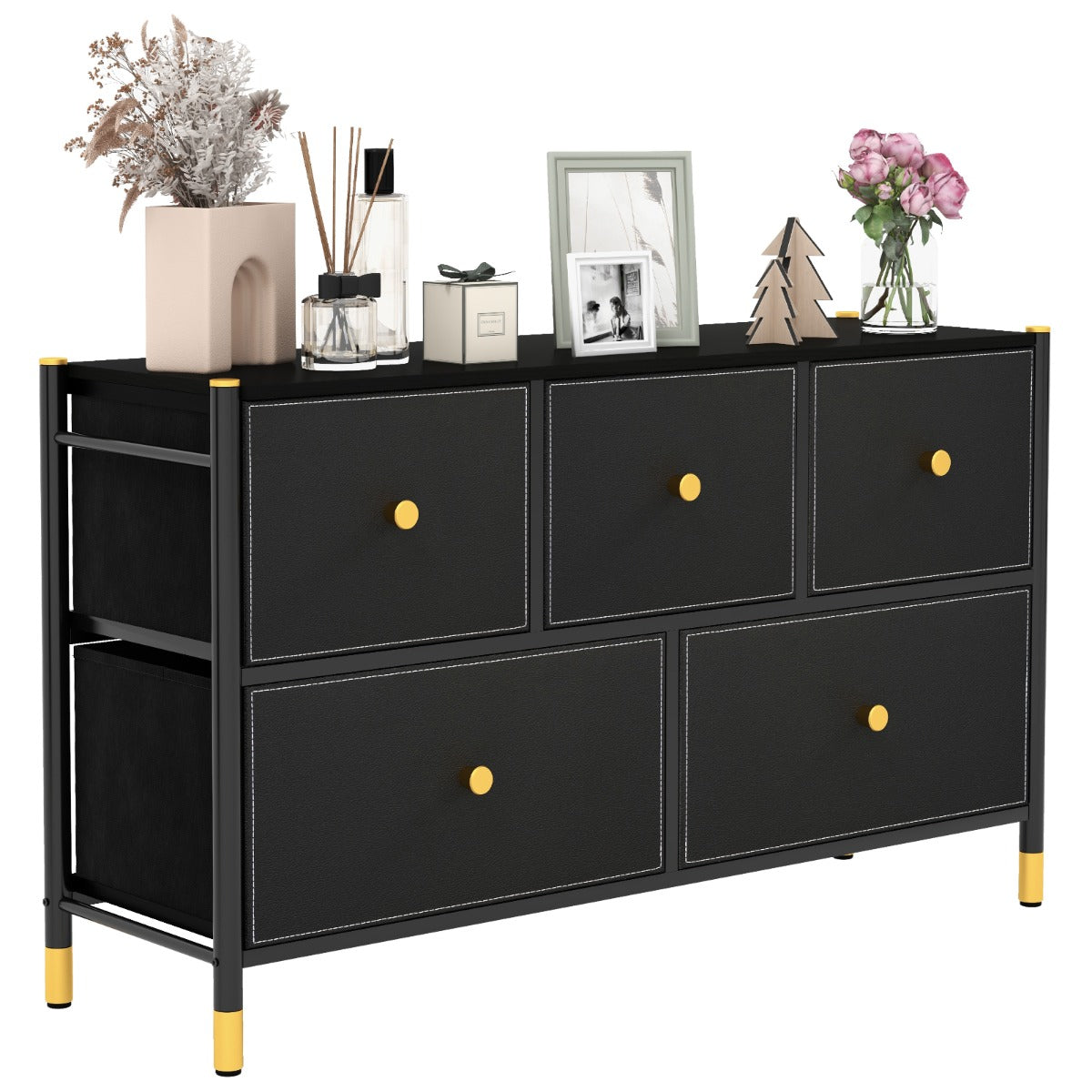 LIVSK Commode met 5 Stoffen Laden - Stevig Metaalframe - Inklapbare Laden - Anti-kantelbeveiliging - 100 x 30 x 58,5 cm - Zwart