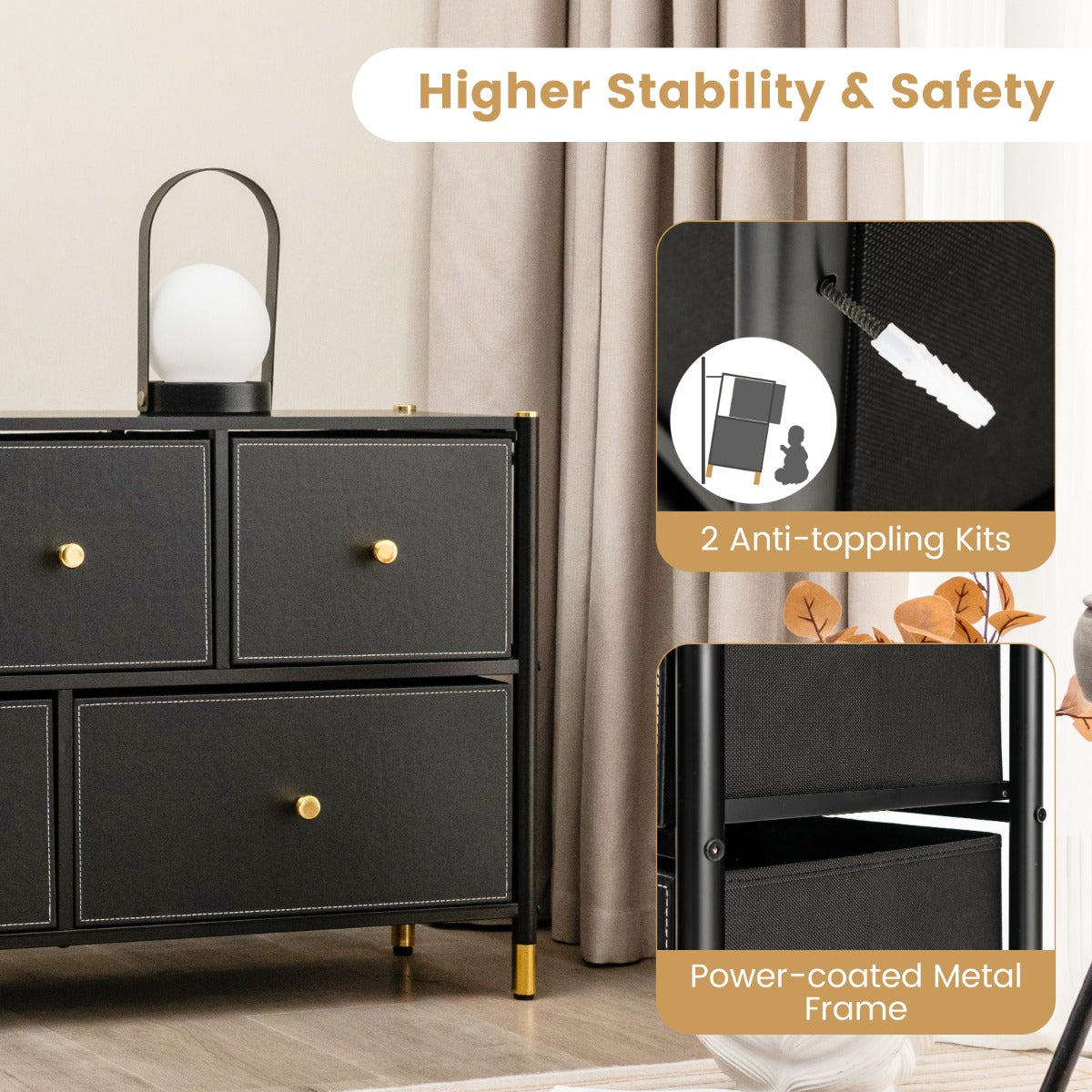 LIVSK Commode met 5 Stoffen Laden - Stevig Metaalframe - Inklapbare Laden - Anti-kantelbeveiliging - 100 x 30 x 58,5 cm - Zwart