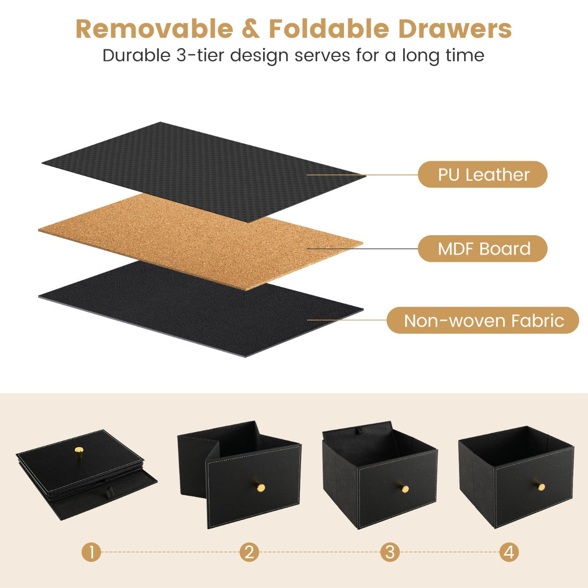 LIVSK Commode met 5 Stoffen Laden - Stevig Metaalframe - Inklapbare Laden - Anti-kantelbeveiliging - 100 x 30 x 58,5 cm - Zwart