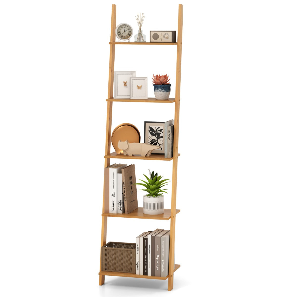 LIVSK Bamboe Ladderplank - 5 Open Opslagplanken - Ruimtebesparend en Stabiel - Voor Slaapkamer en Woonkamer - Natuurlijk