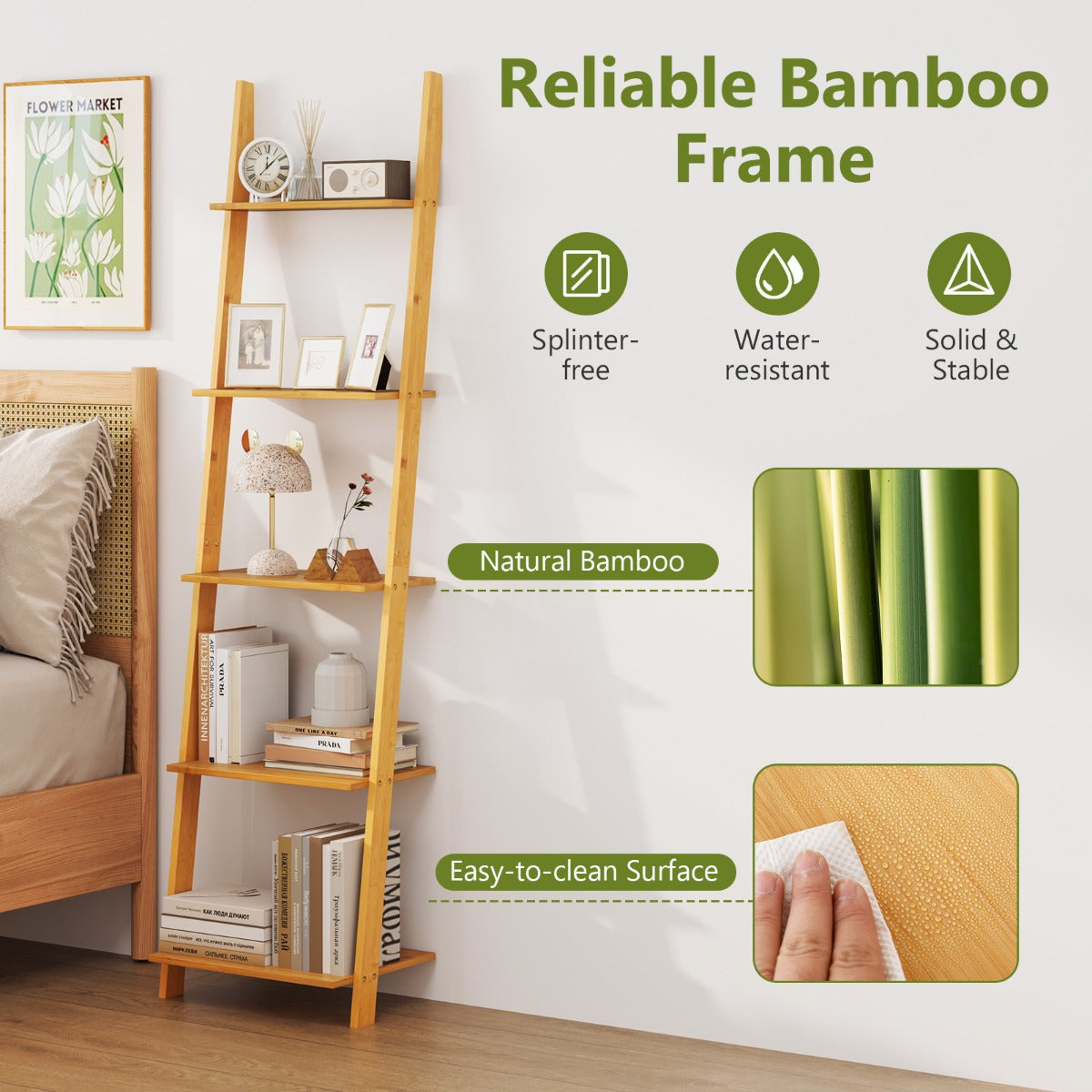 LIVSK Bamboe Ladderplank - 5 Open Opslagplanken - Ruimtebesparend en Stabiel - Voor Slaapkamer en Woonkamer - Natuurlijk