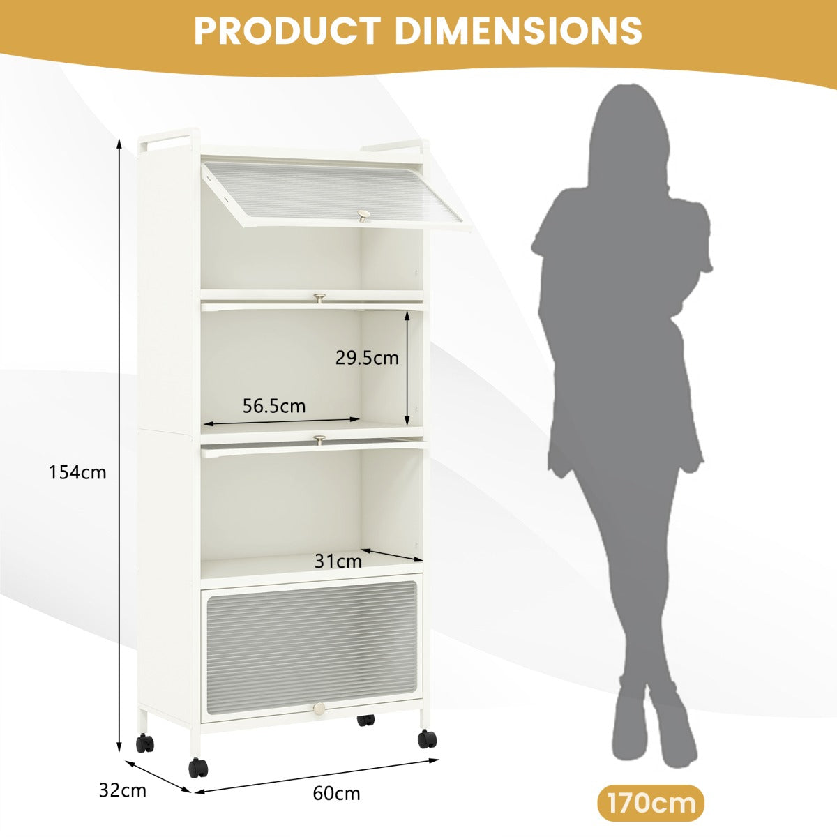 LIVSK Rollende Magnetronstandaard - 5 Niveaus - Semi-Transparante Deuren - 4 Wielen - Sterk Metaal - 60 x 32 x 154 cm - Wit