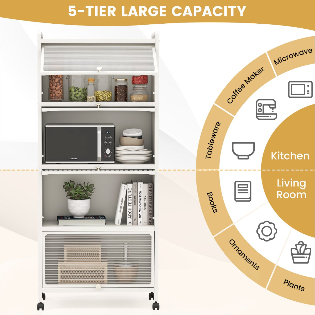 LIVSK Rollende Magnetronstandaard - 5 Niveaus - Semi-Transparante Deuren - 4 Wielen - Sterk Metaal - 60 x 32 x 154 cm - Wit