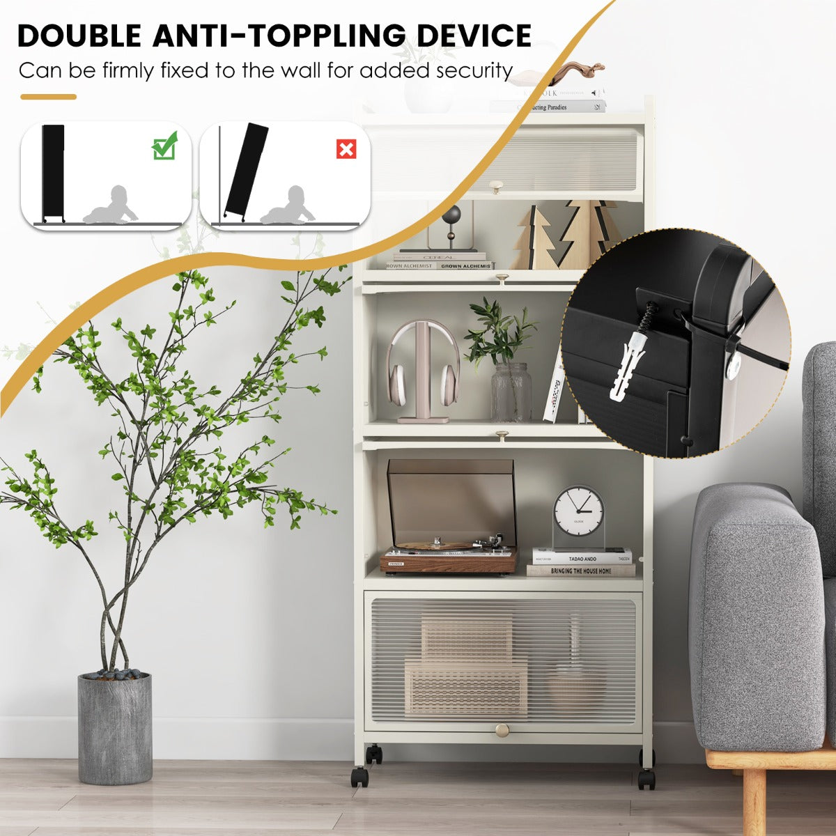 LIVSK Rollende Magnetronstandaard - 5 Niveaus - Semi-Transparante Deuren - 4 Wielen - Sterk Metaal - 60 x 32 x 154 cm - Wit