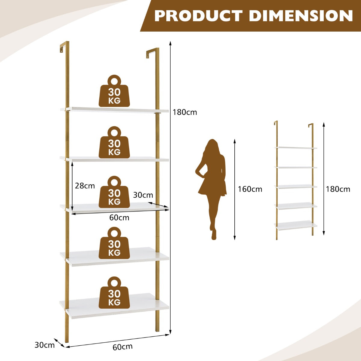 LIVSK Wandrek Ladderdesign - 5 Planken - Goudkleurig Metaal - Wandmontage en Antislip - 60 x 30 x 180 cm - Wit en Goud