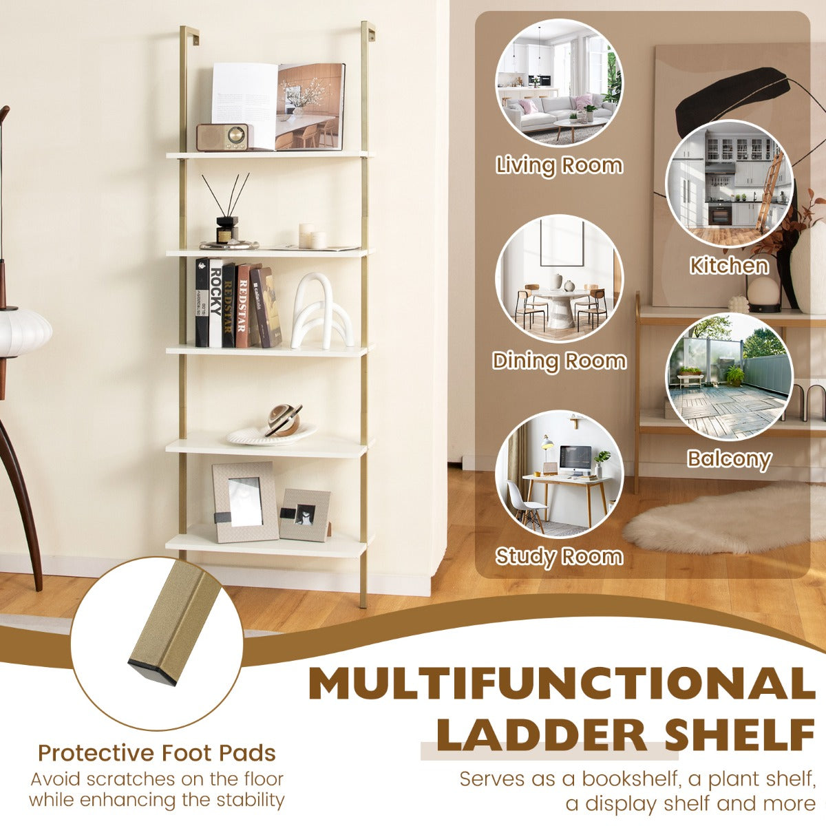 LIVSK Wandrek Ladderdesign - 5 Planken - Goudkleurig Metaal - Wandmontage en Antislip - 60 x 30 x 180 cm - Wit en Goud