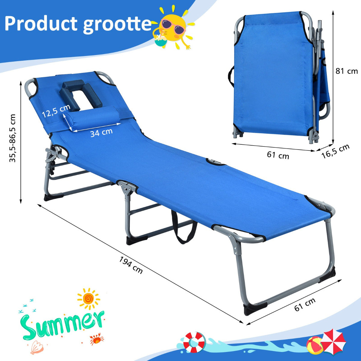 LIVSK Opvouwbare Loungestoel - 5 Verstelbare Posities - Ademend Oxford Stof - Draagvermogen 150 kg - Blauw