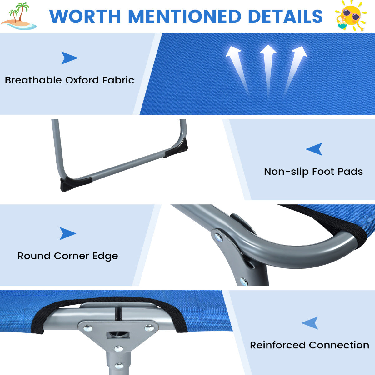 LIVSK Opvouwbare Loungestoel - 5 Verstelbare Posities - Ademend Oxford Stof - Draagvermogen 150 kg - Blauw
