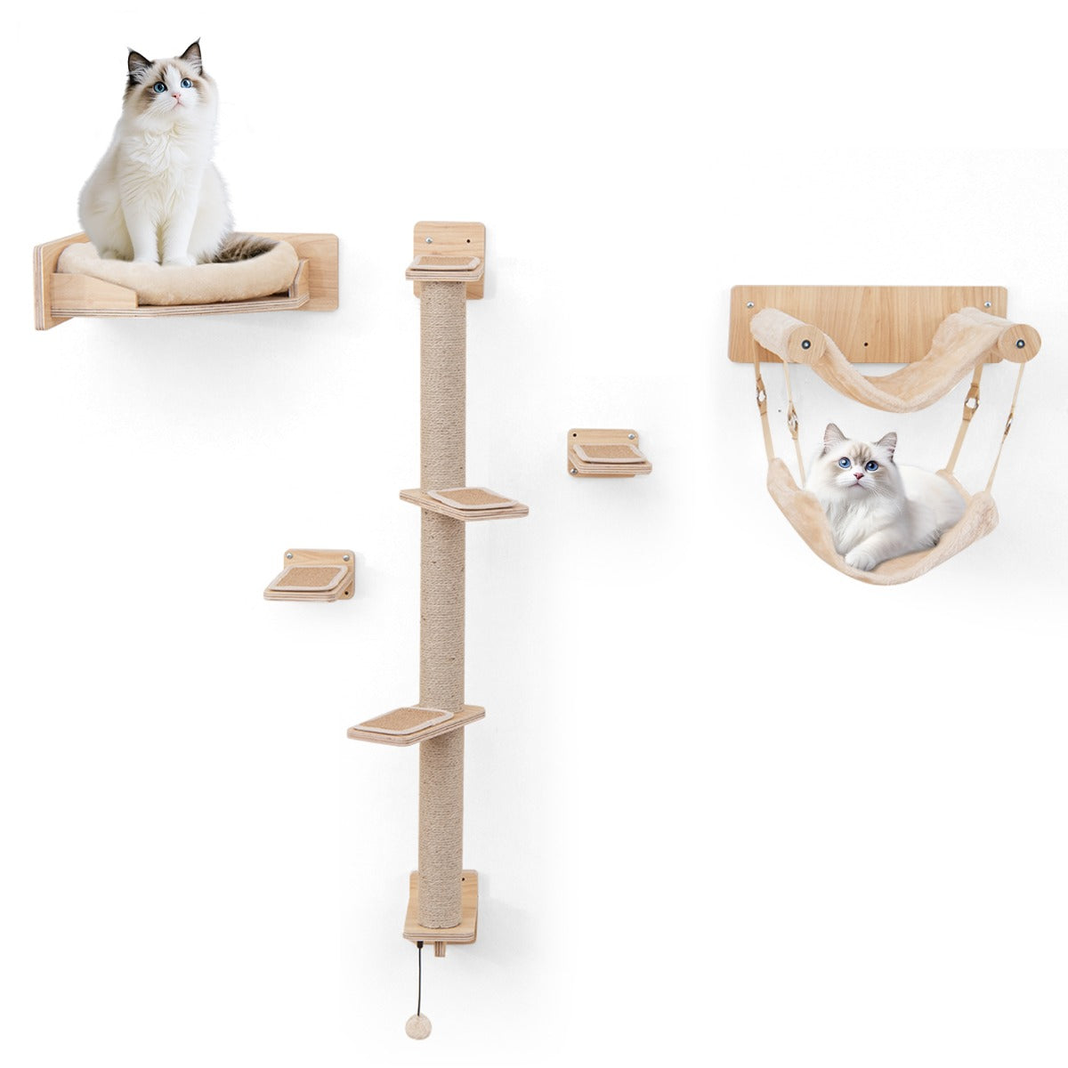 LIVSK Wandgemonteerde Kattenmeubelset - 2 Hangmatten - 1 Kattenbed - 3 Krabpalen - 5 Klimstappen - Ruimtebesparend - Natuurlijk