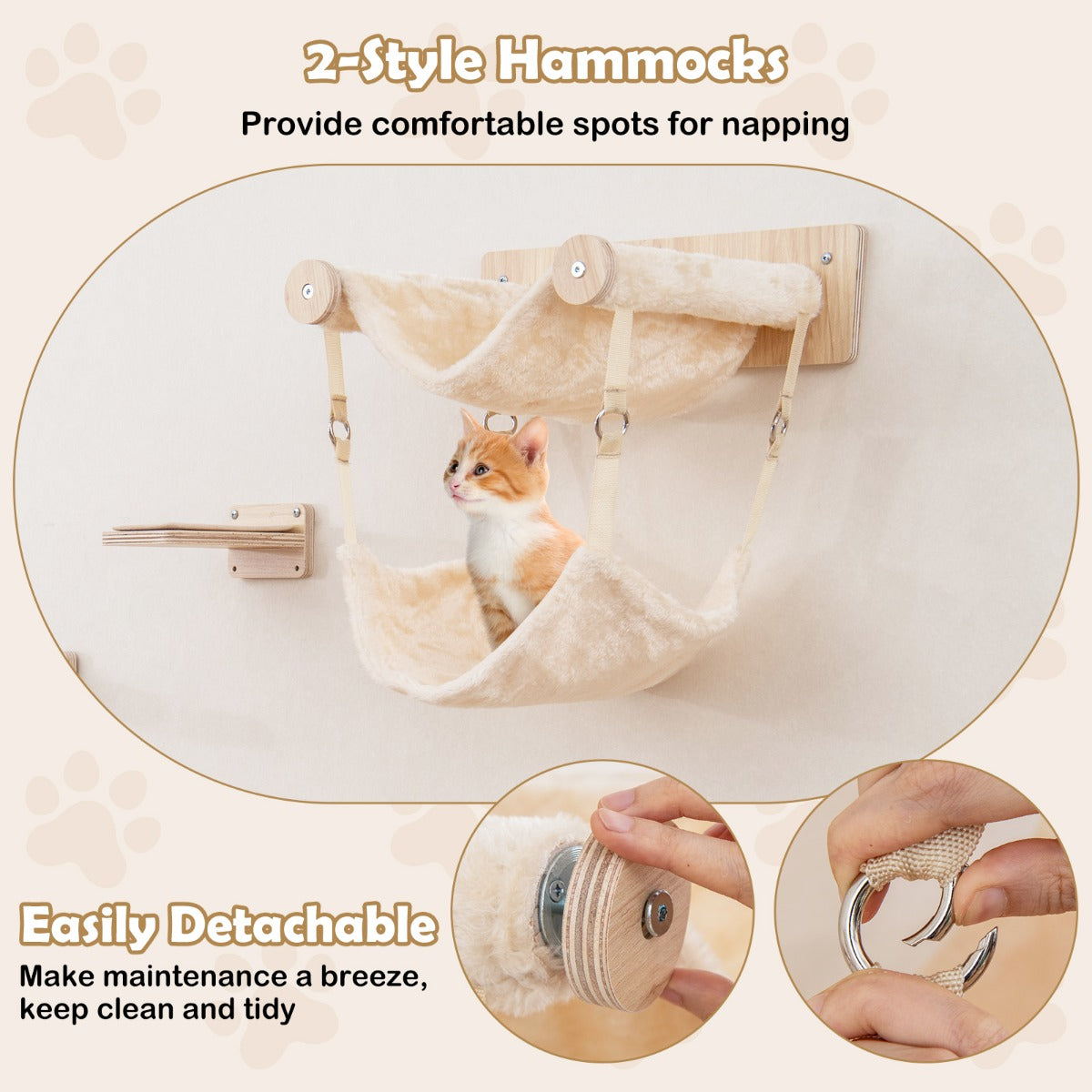 LIVSK Wandgemonteerde Kattenmeubelset - 2 Hangmatten - 1 Kattenbed - 3 Krabpalen - 5 Klimstappen - Ruimtebesparend - Natuurlijk