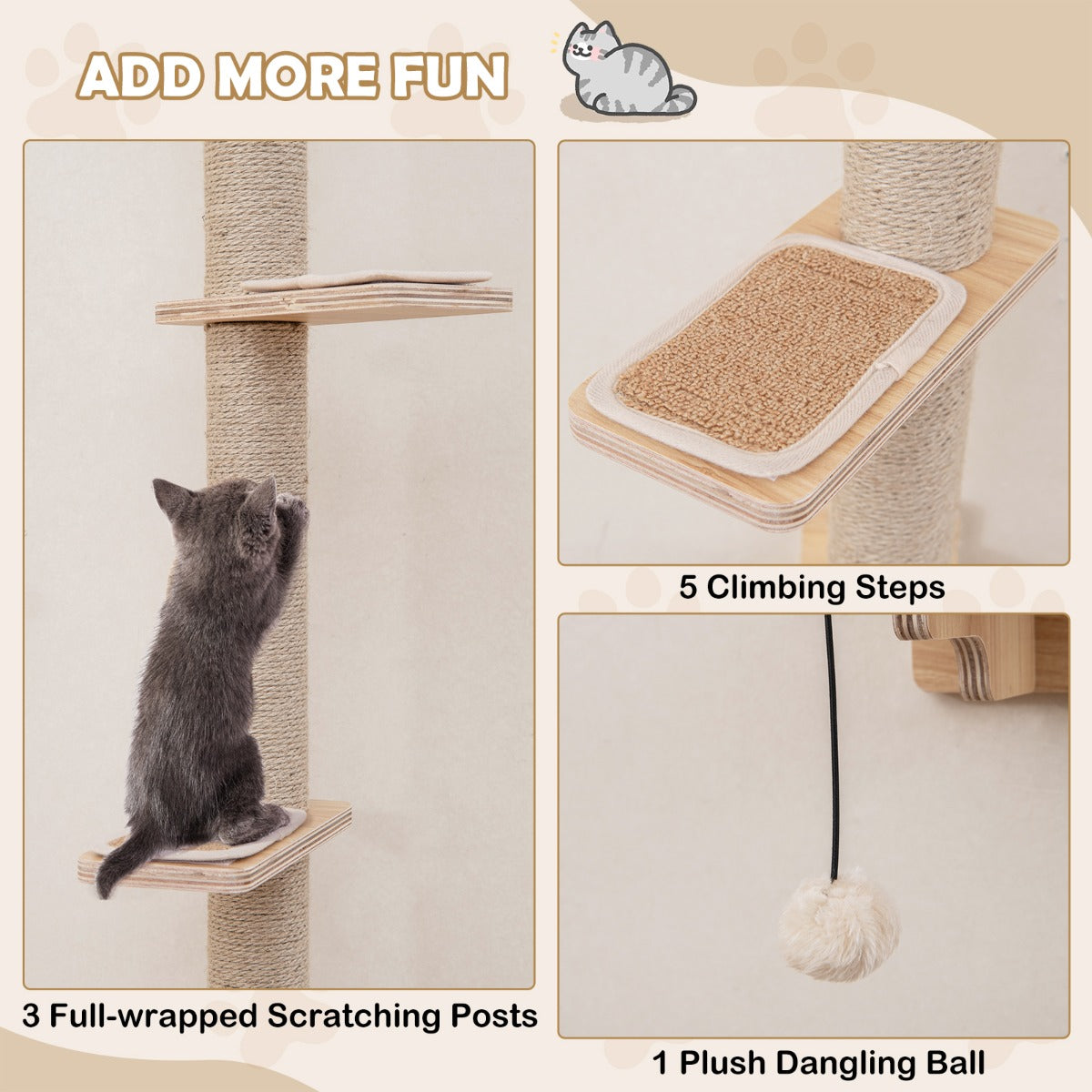 LIVSK Wandgemonteerde Kattenmeubelset - 2 Hangmatten - 1 Kattenbed - 3 Krabpalen - 5 Klimstappen - Ruimtebesparend - Natuurlijk