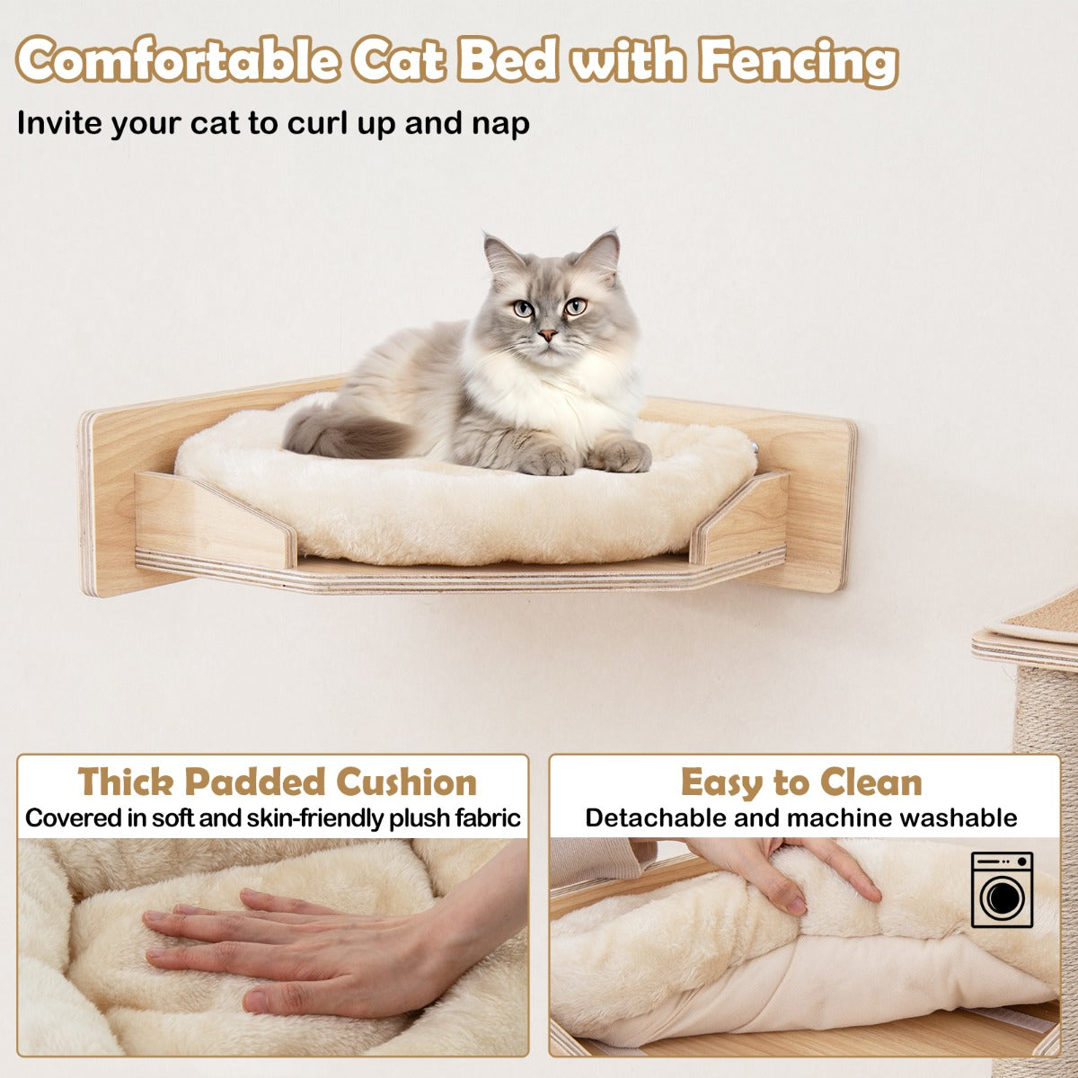 LIVSK Wandgemonteerde Kattenmeubelset - 2 Hangmatten - 1 Kattenbed - 3 Krabpalen - 5 Klimstappen - Ruimtebesparend - Natuurlijk
