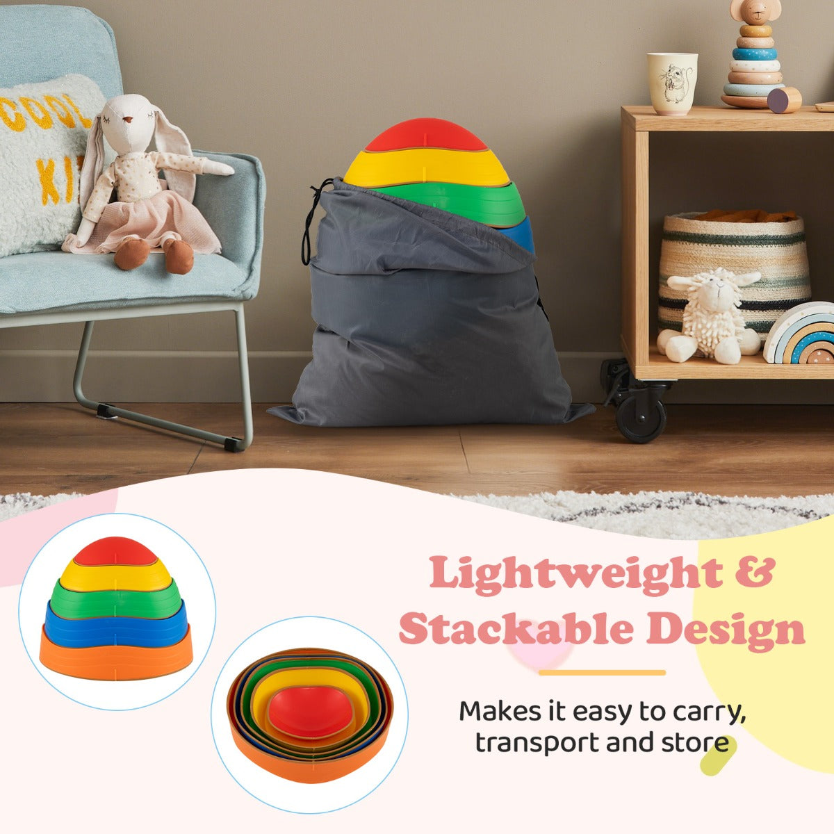 Livsk costway 5 stuks balanceringsstenen antislip stapelstenen met opbergtas voor motorische vaardigheden stapelbare stapstenen multicolor 3