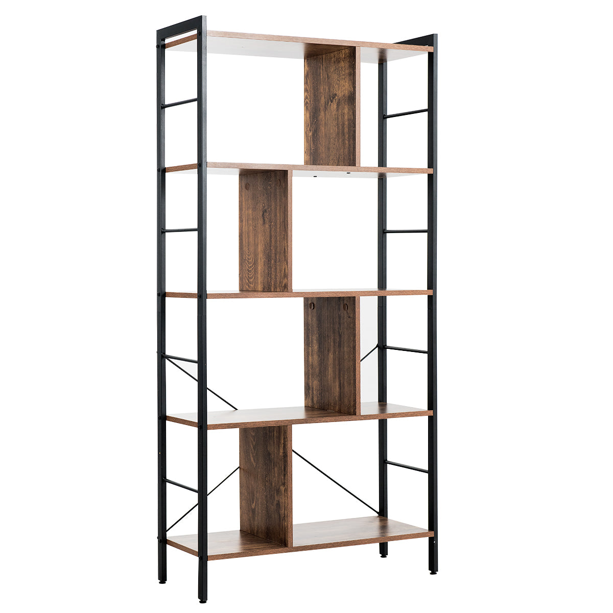 LIVSK 5-laagse Boekenplank - Stevig Stalen Frame - Open Schappen - Veilig en Duurzaam - Voor Compacte Ruimtes - Rustiek bruin