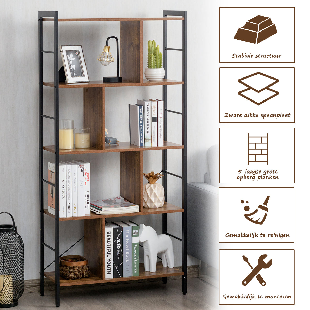 LIVSK 5-laagse Boekenplank - Stevig Stalen Frame - Open Schappen - Veilig en Duurzaam - Voor Compacte Ruimtes - Rustiek bruin