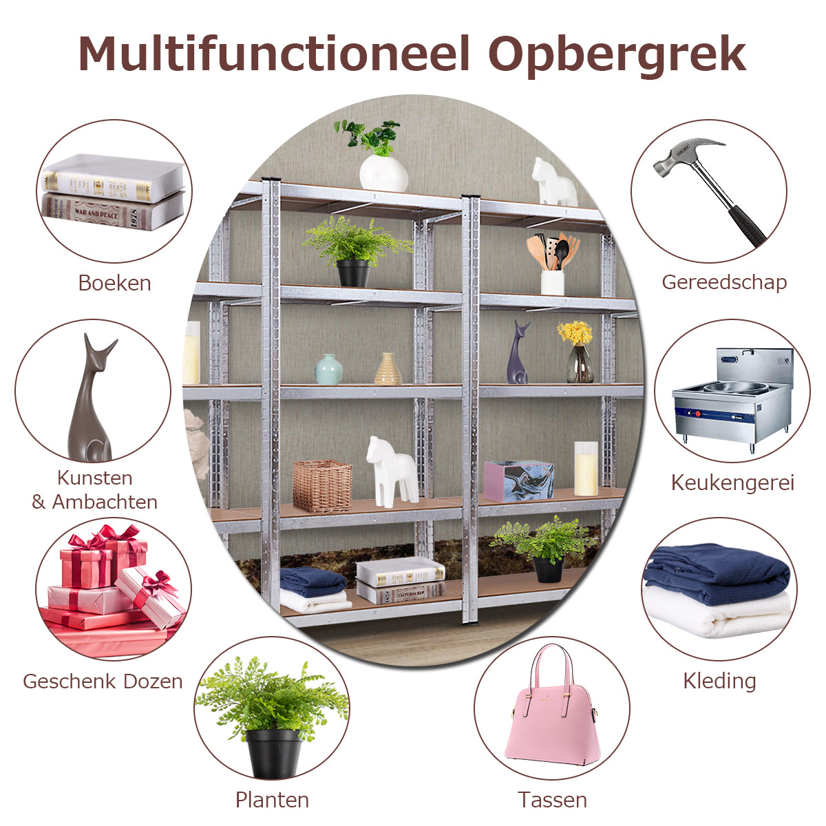 LIVSK Verstelbare Plank met 5 Niveaus - Max. Belasting 875 kg - Robuust Gegalvaniseerd Staal en MDF - Ruimtebesparend - Zilver